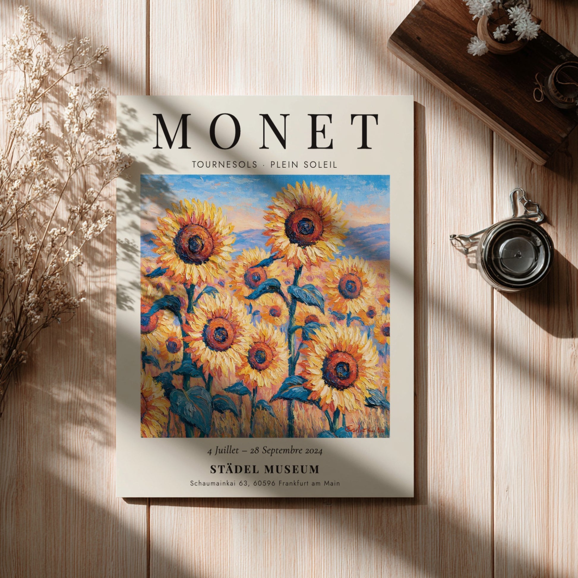Monet inspired poster featuring vibrant sunflowers in yellow and green tones