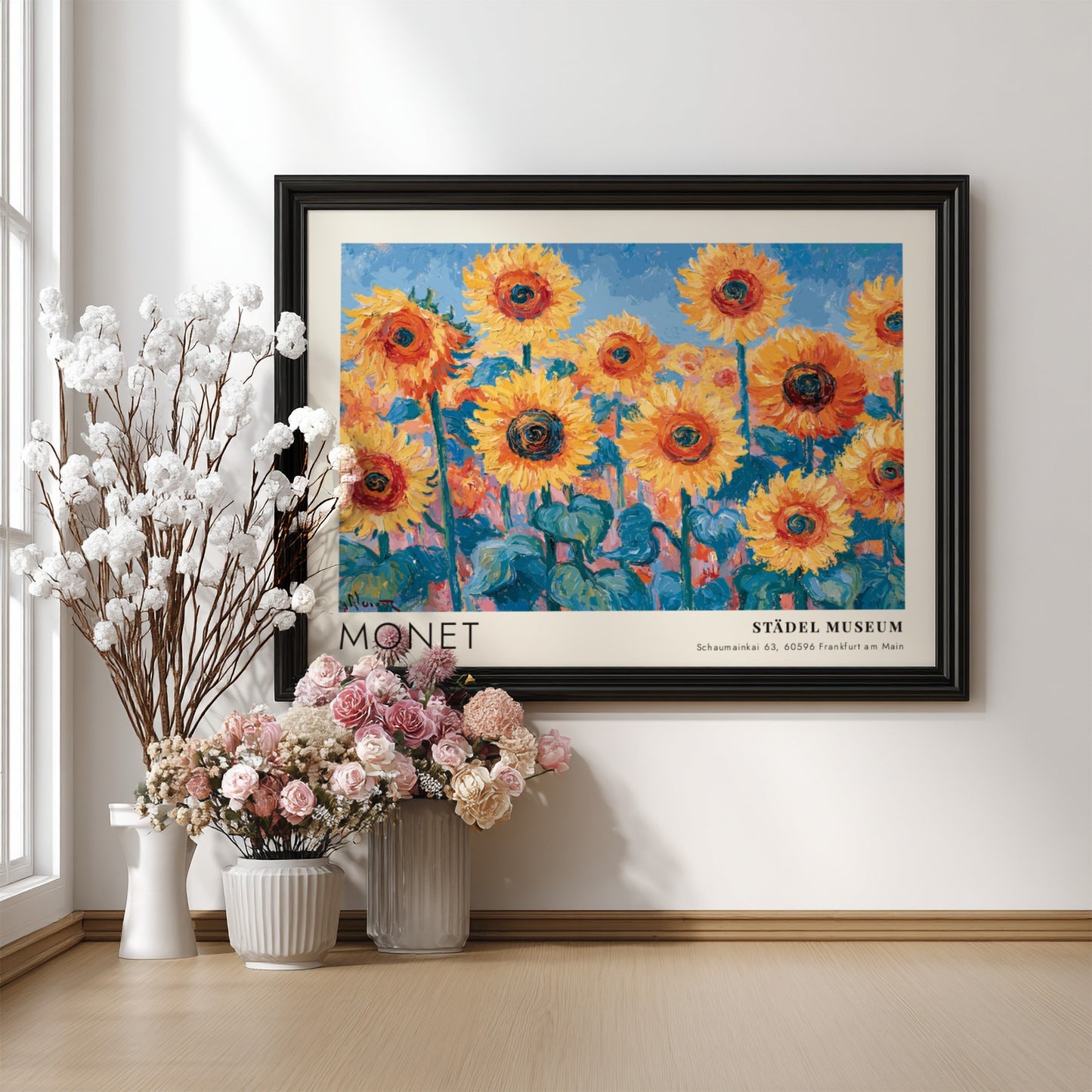 Wall art print featuring Monet's Tournesols with vibrant sunflowers and blue background