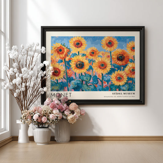 Wall art print featuring Monet's Tournesols with vibrant sunflowers and blue background