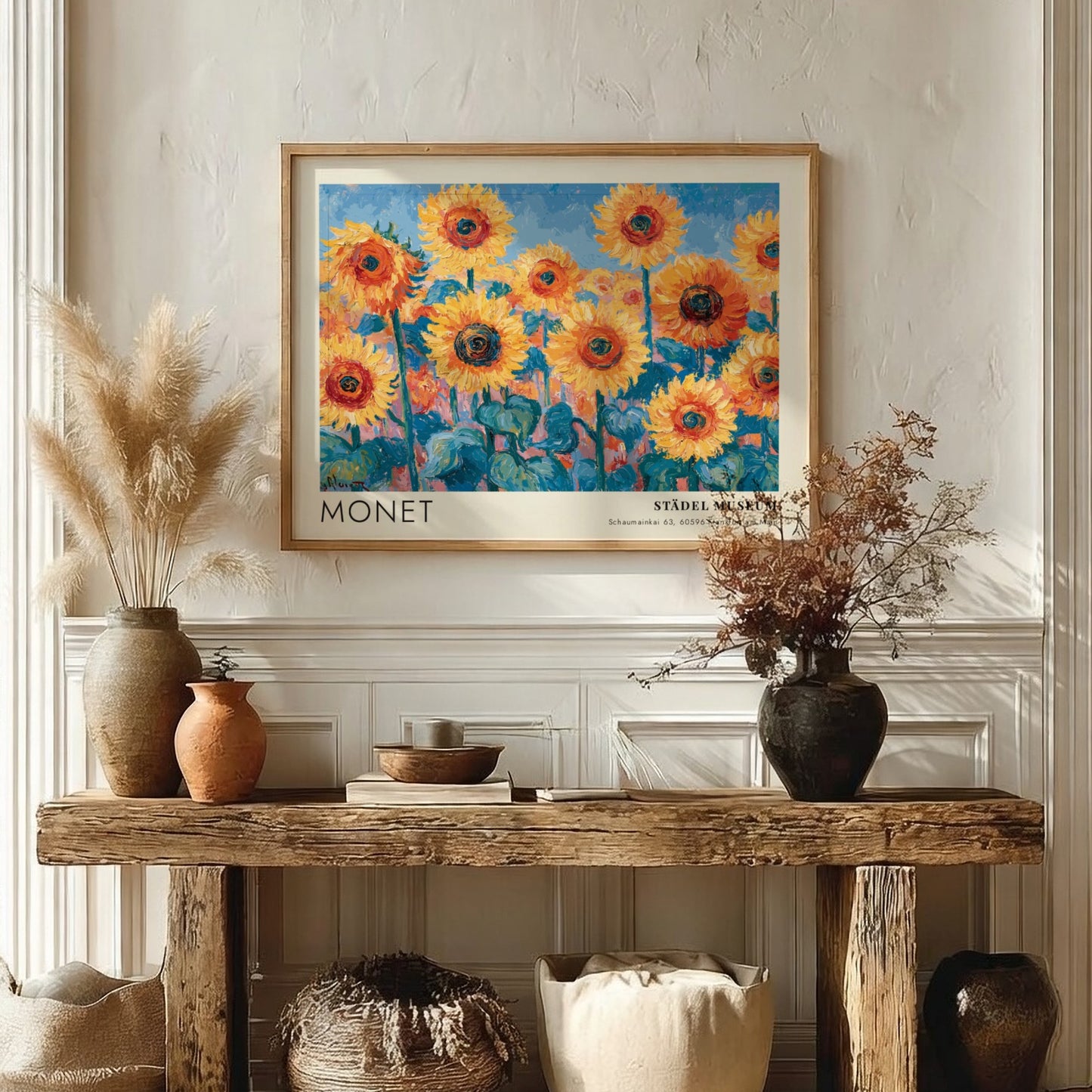 Wall art print featuring Monet's Tournesols with vibrant sunflowers and blue background