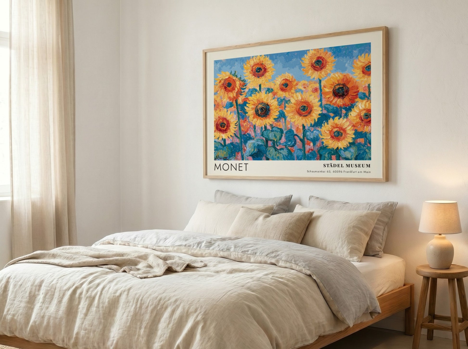 Wall art print featuring Monet's Tournesols with vibrant sunflowers and blue background