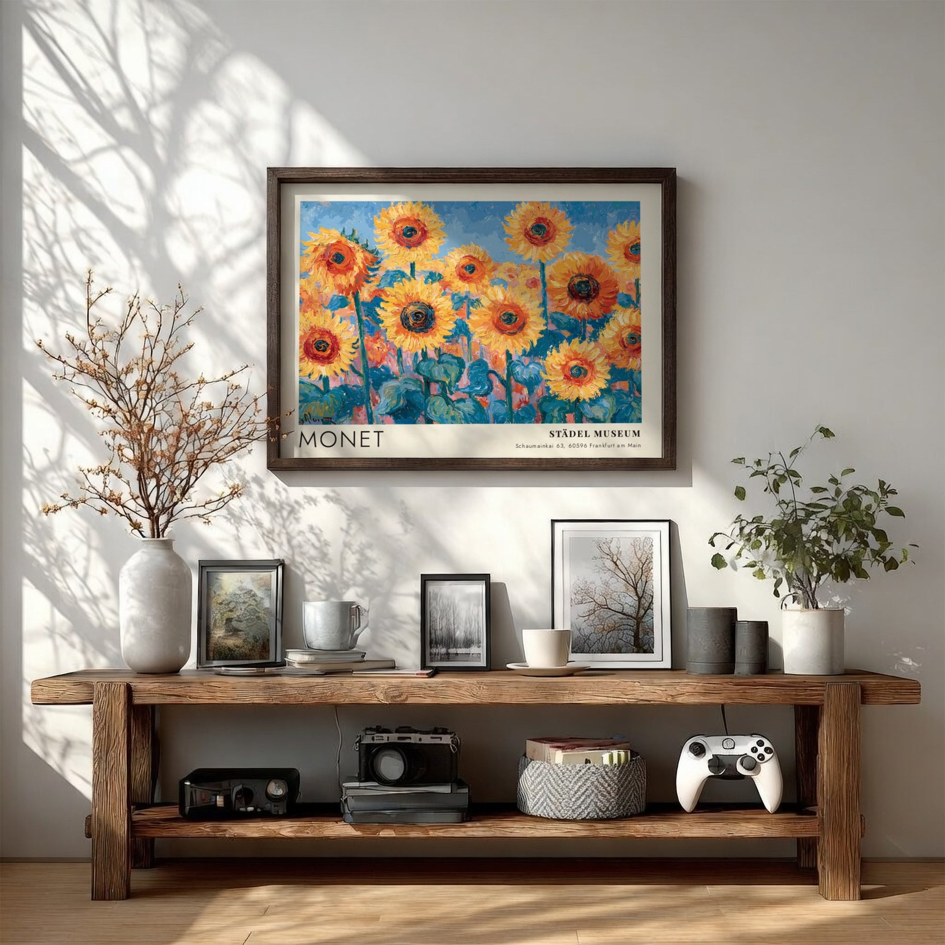 Wall art print featuring Monet's Tournesols with vibrant sunflowers and blue background