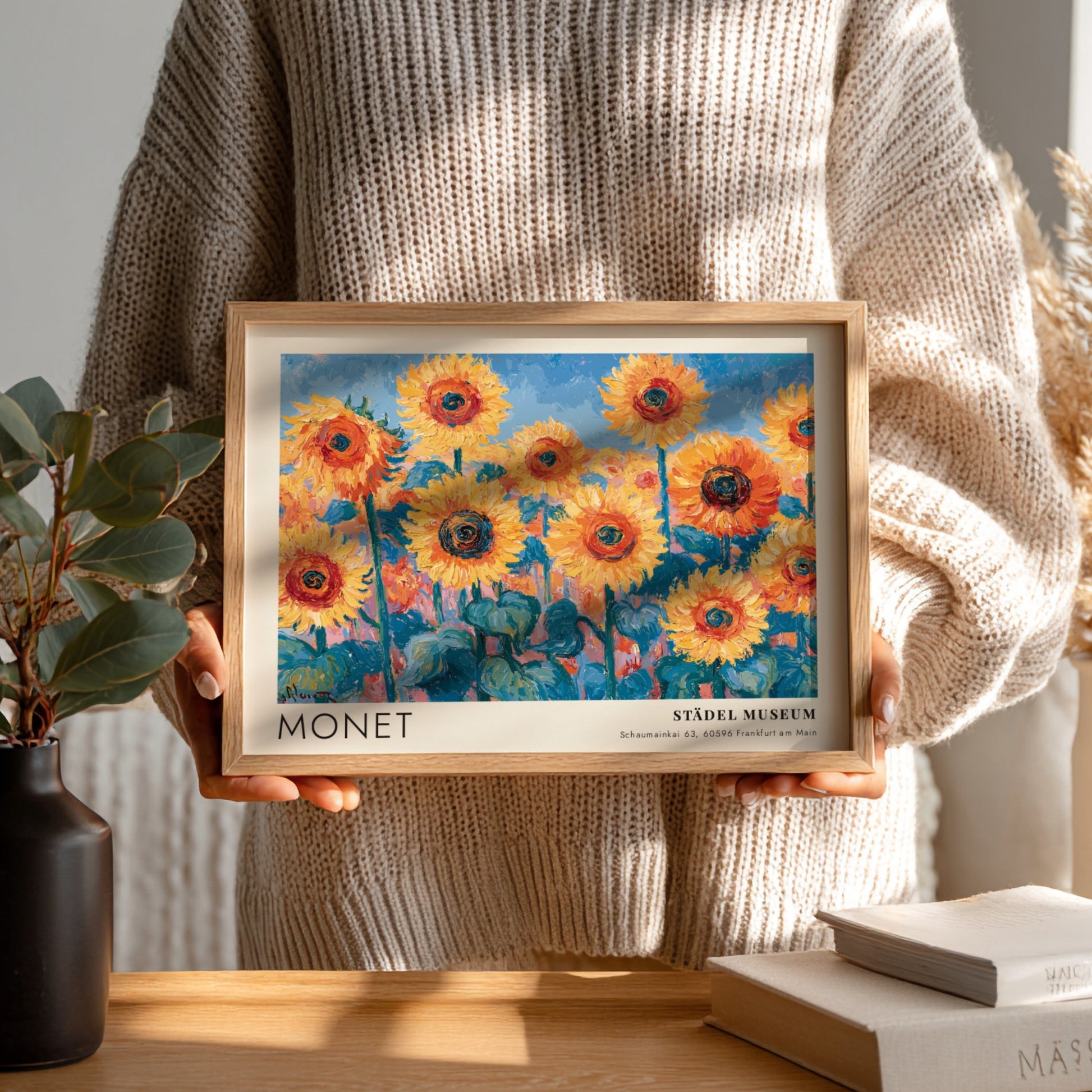 Wall art print featuring Monet's Tournesols with vibrant sunflowers and blue background