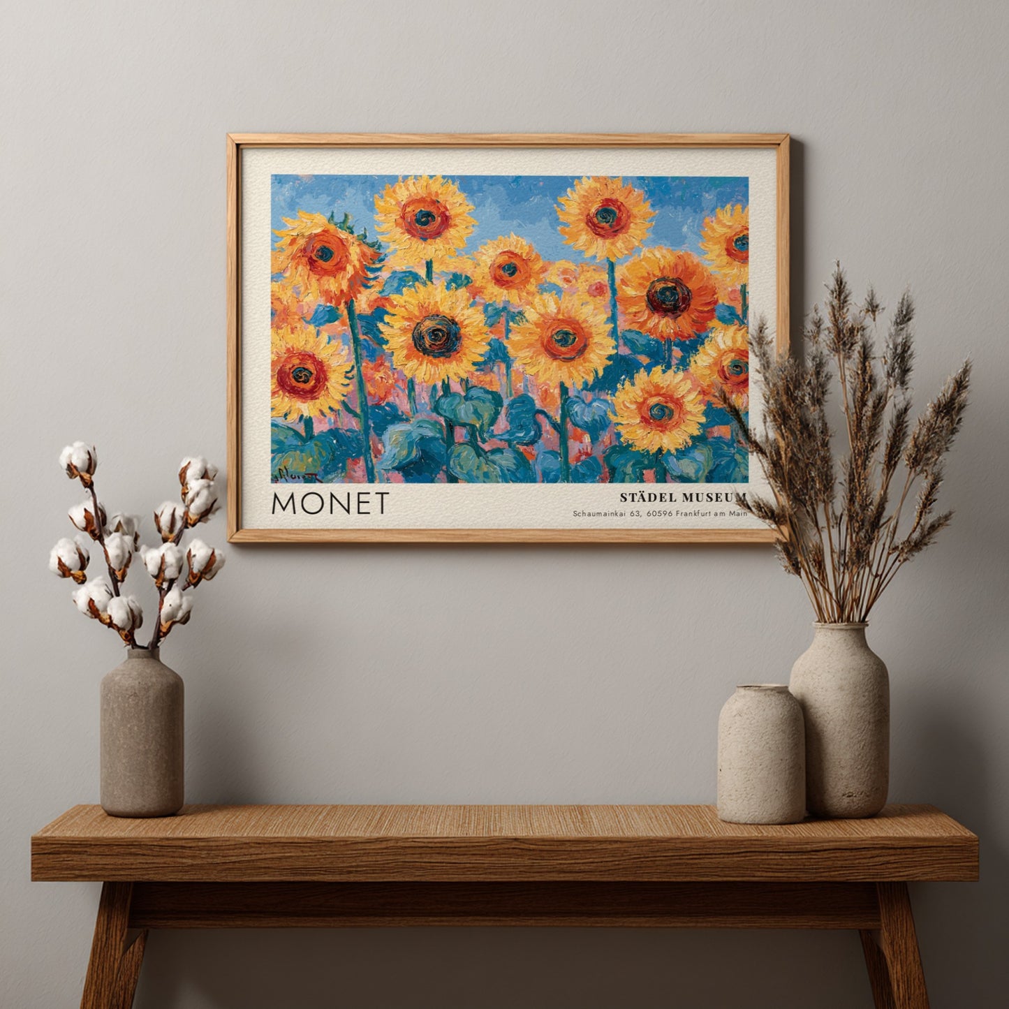 Wall art print featuring Monet's Tournesols with vibrant sunflowers and blue background