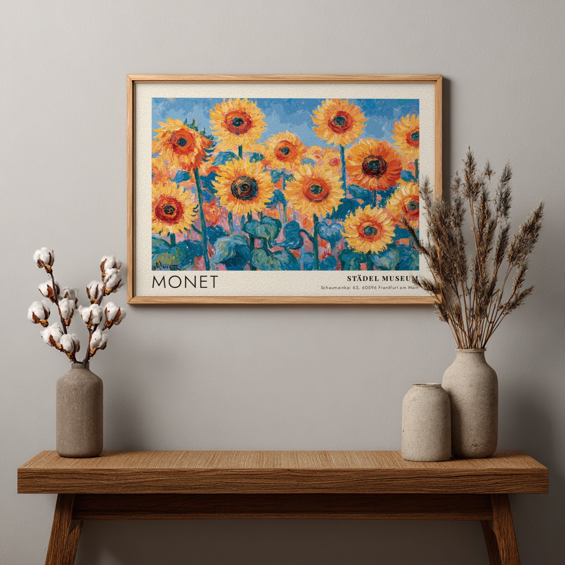 Wall art print featuring Monet's Tournesols with vibrant sunflowers and blue background