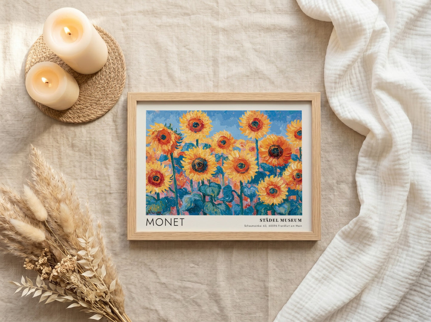 Wall art print featuring Monet's Tournesols with vibrant sunflowers and blue background