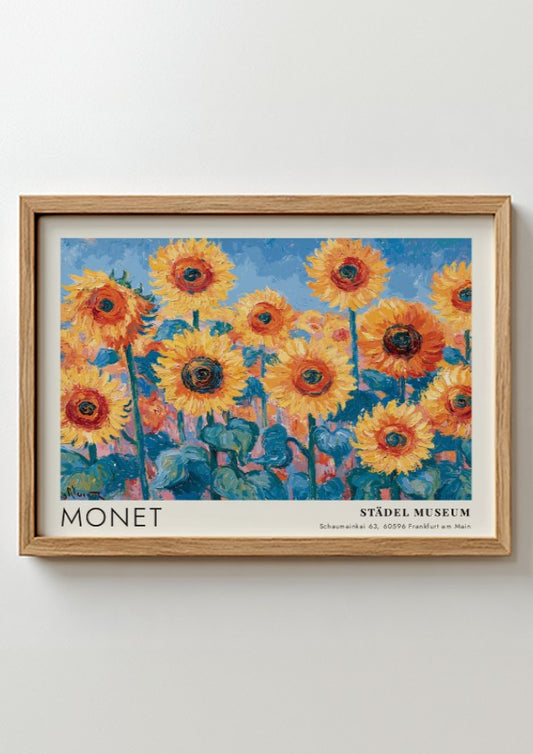 Wall art print featuring Monet's Tournesols with vibrant sunflowers and blue background