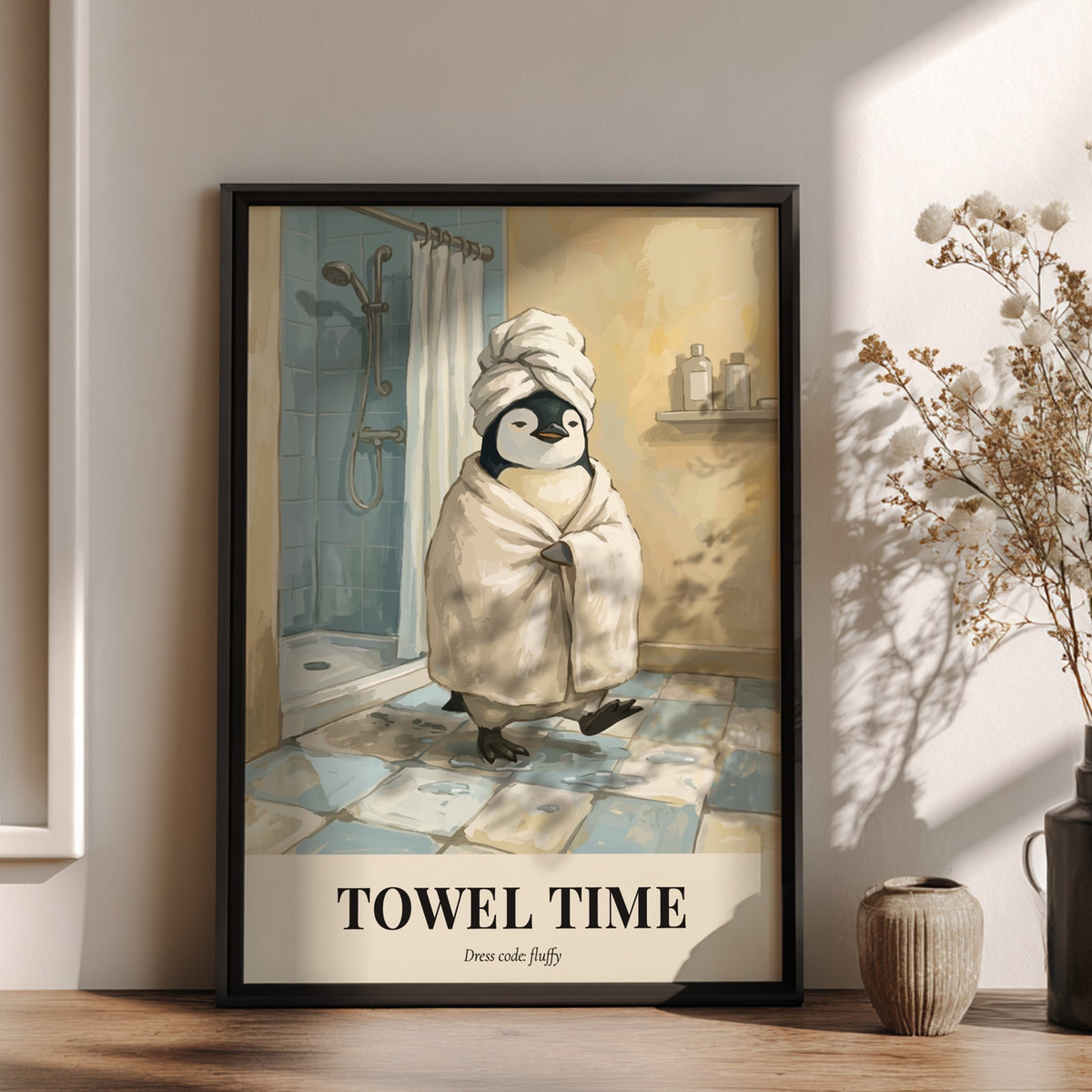 Poster of a cute penguin wearing a towel in a bathroom with tiled floors.