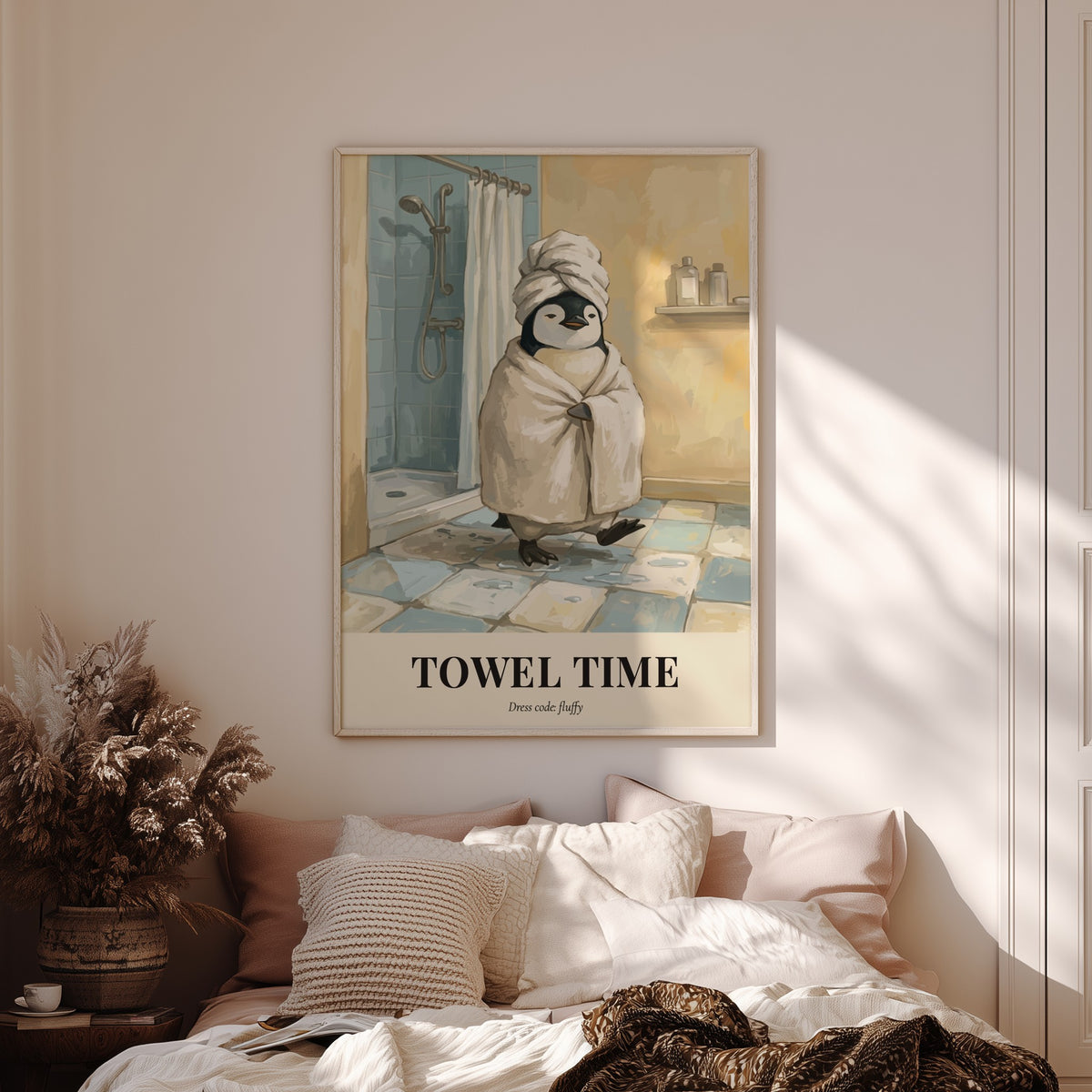 Poster of a cute penguin wearing a towel in a bathroom with tiled floors.