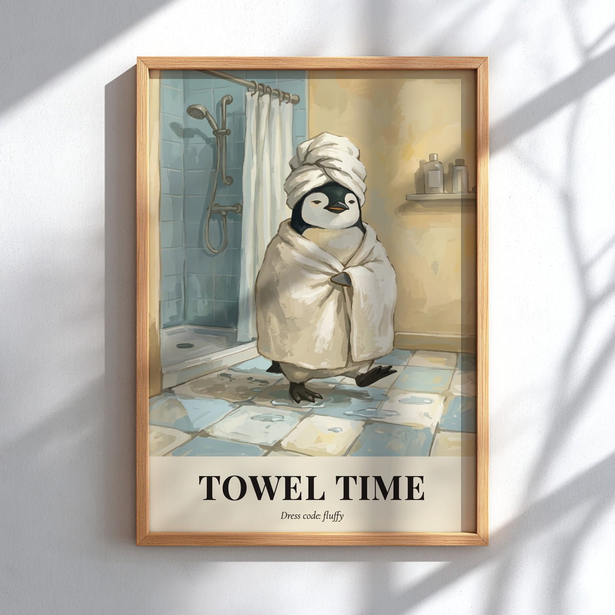 Poster of a cute penguin wearing a towel in a bathroom with tiled floors.