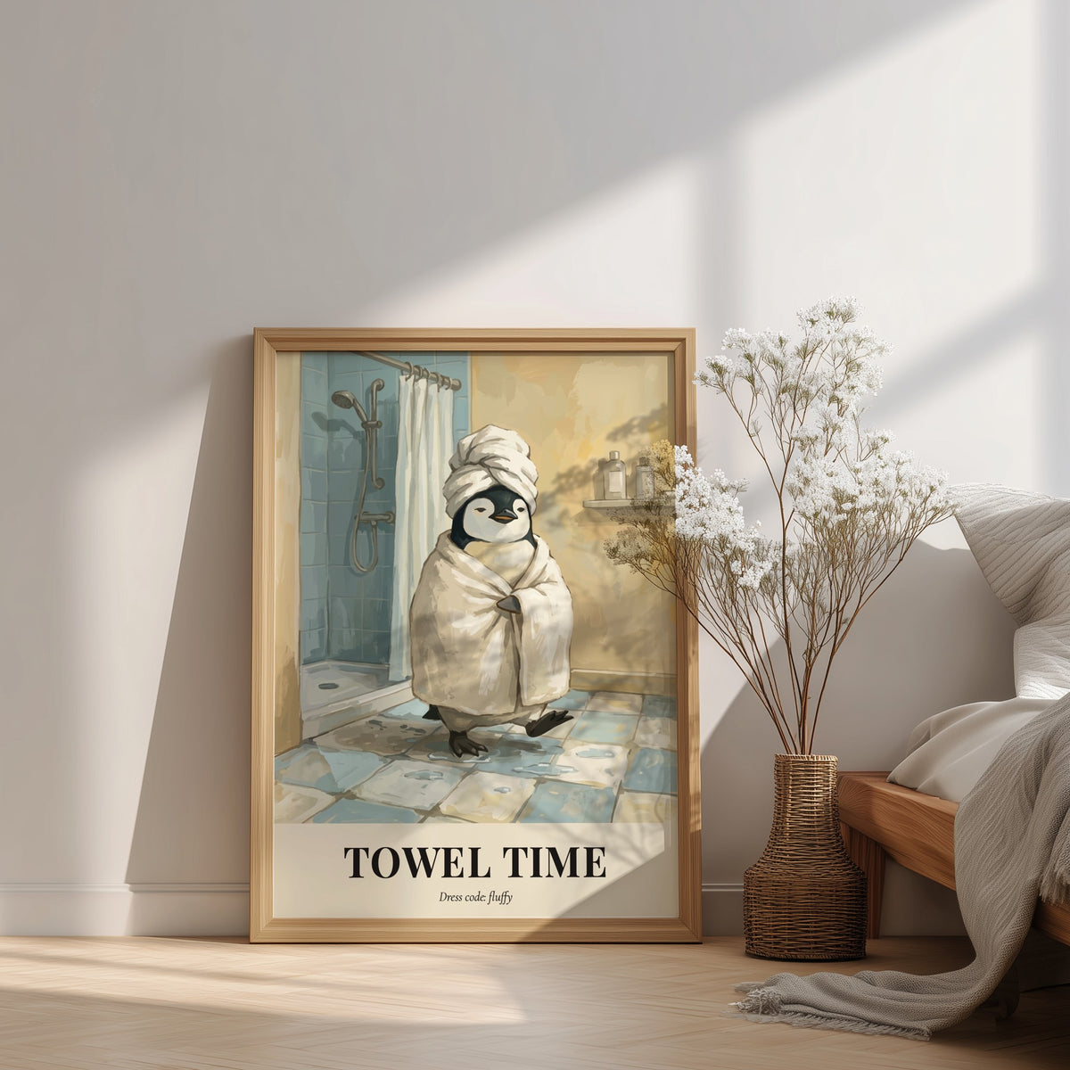 Poster of a cute penguin wearing a towel in a bathroom with tiled floors.