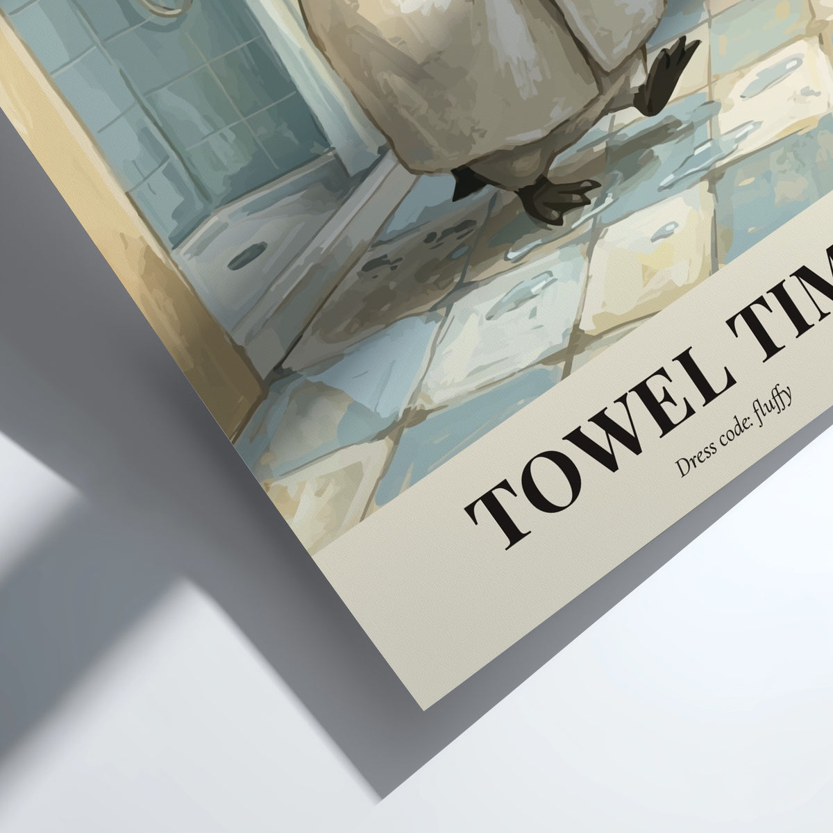 Poster of a cute penguin wearing a towel in a bathroom with tiled floors.
