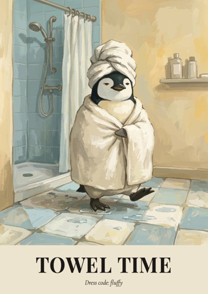 Poster of a cute penguin wearing a towel in a bathroom with tiled floors.