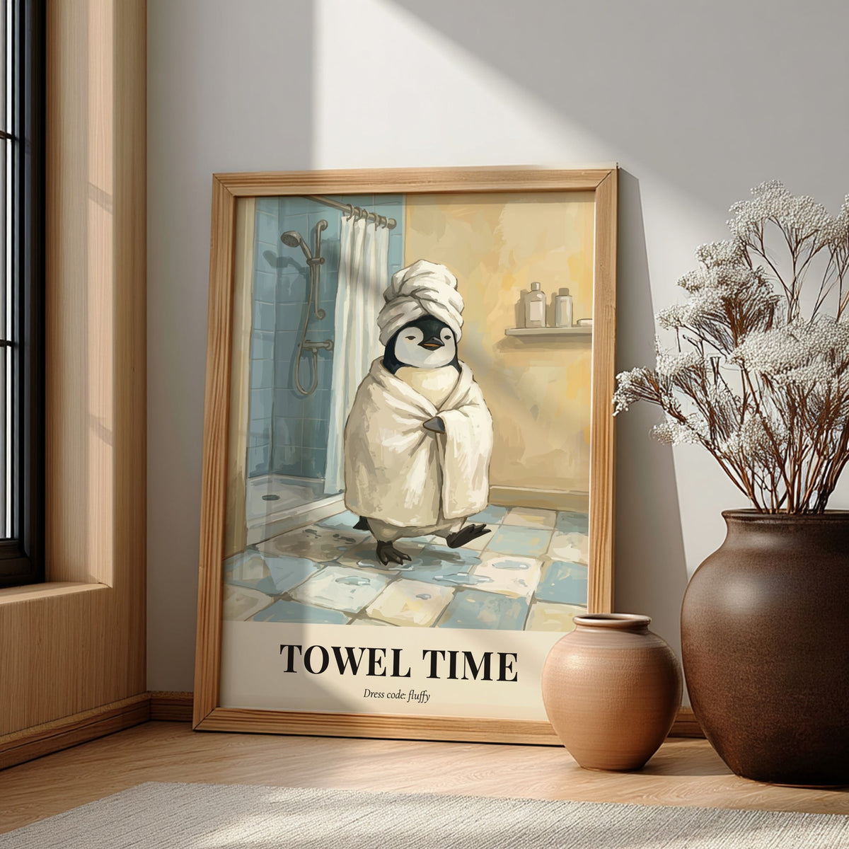 Poster of a cute penguin wearing a towel in a bathroom with tiled floors.