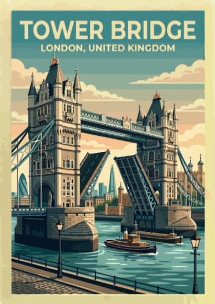 Tower Bridge travel poster featuring vintage style and pastel colors