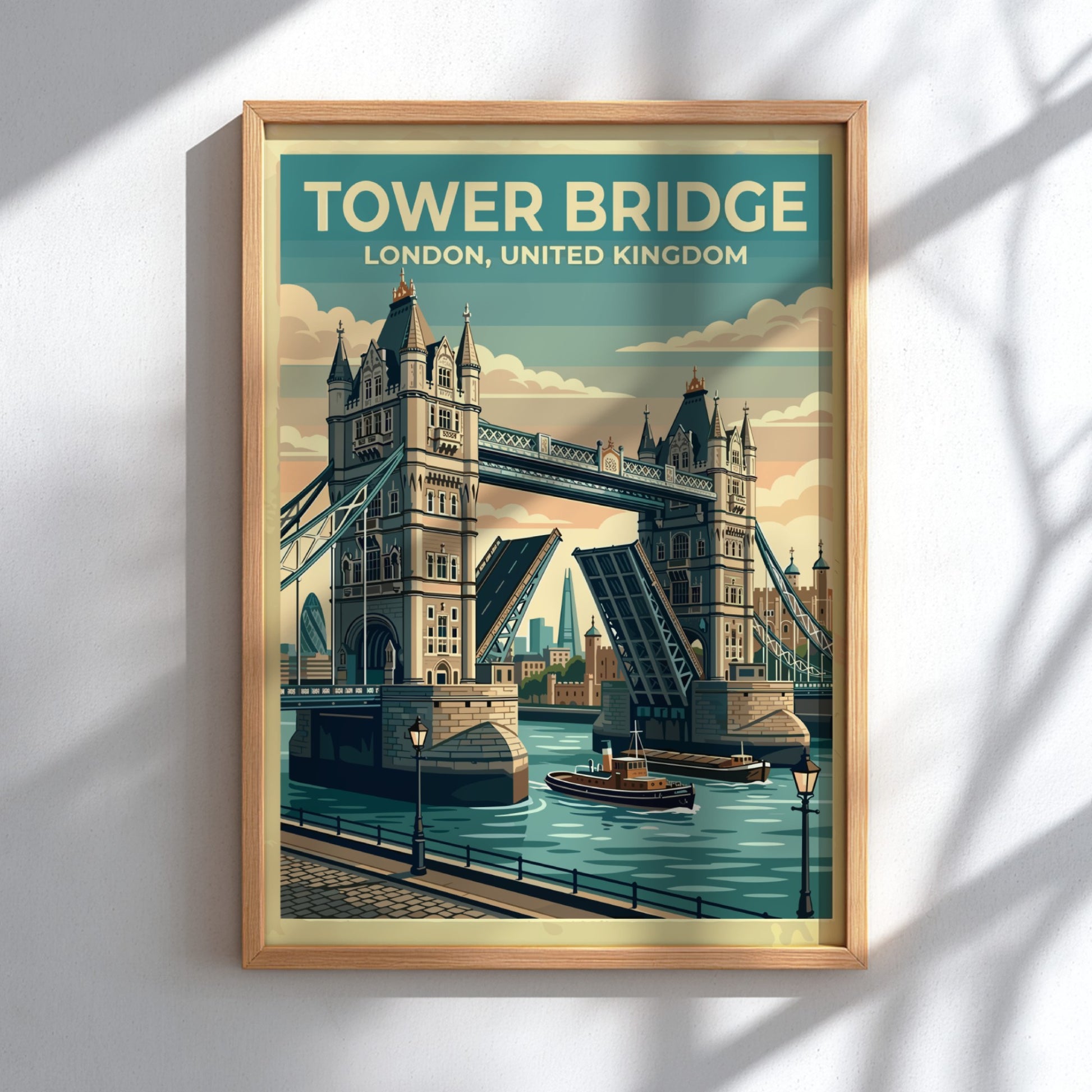 Tower Bridge travel poster featuring vintage style and pastel colors