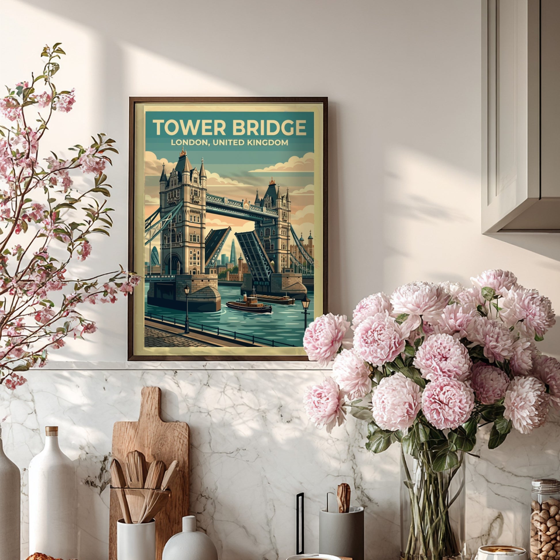 Tower Bridge travel poster featuring vintage style and pastel colors