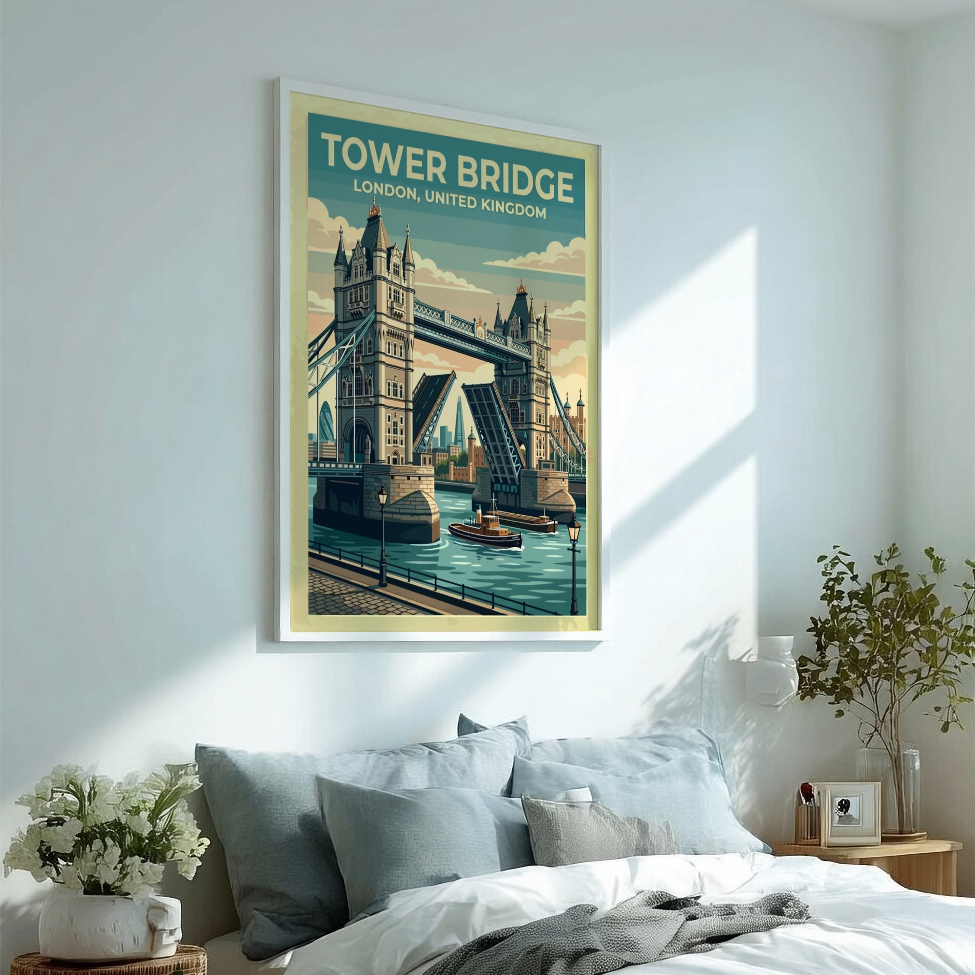 Tower Bridge travel poster featuring vintage style and pastel colors