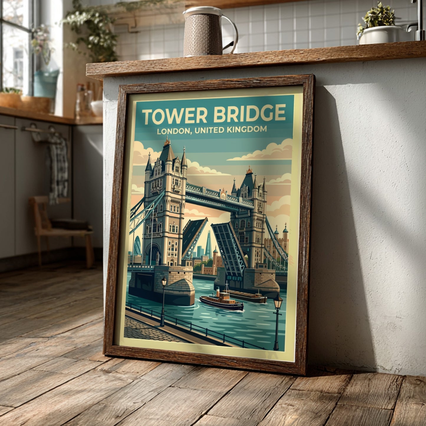 Tower Bridge travel poster featuring vintage style and pastel colors