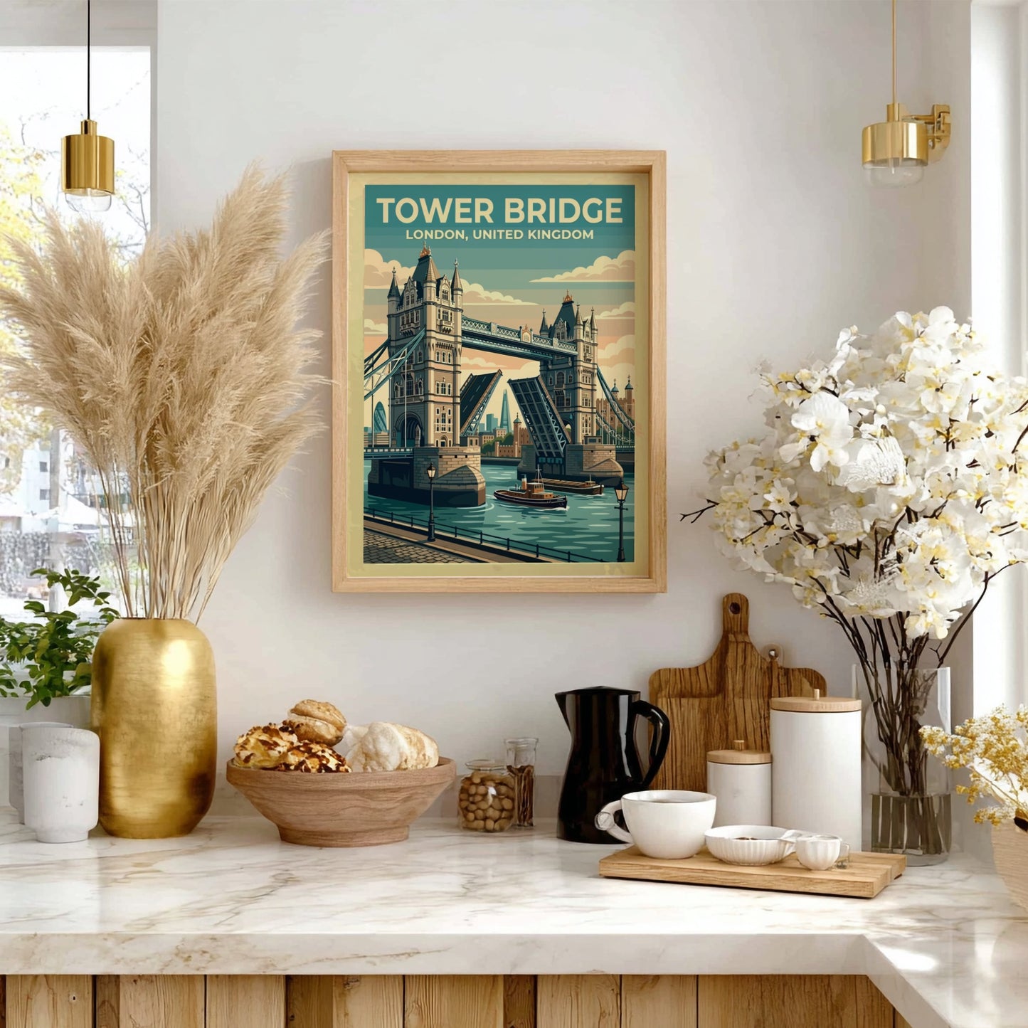 Tower Bridge travel poster featuring vintage style and pastel colors
