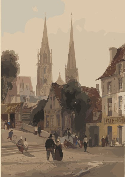 European village street scene poster with church spires and figures, in a muted, classic art style.