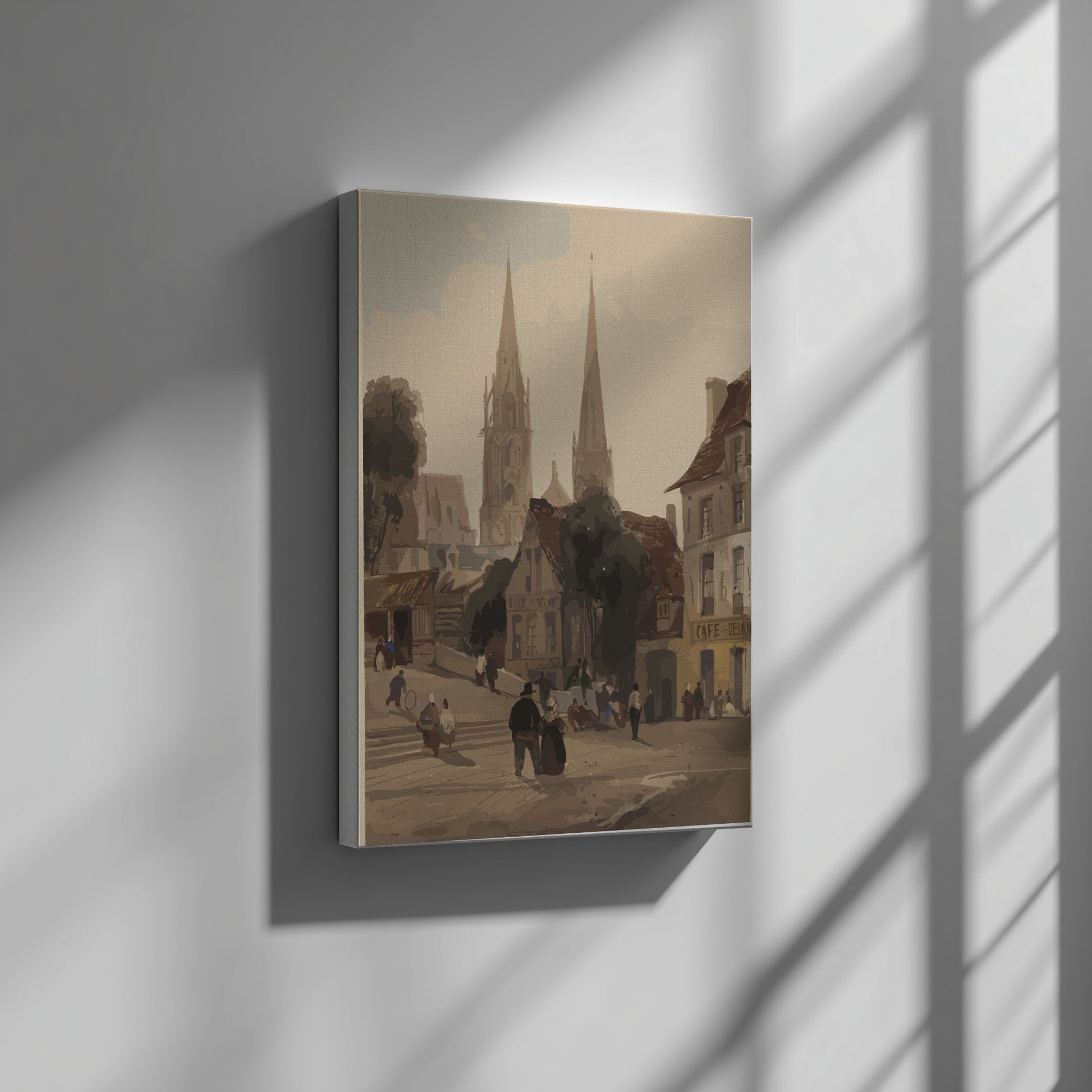 European village street scene poster with church spires and figures, in a muted, classic art style.