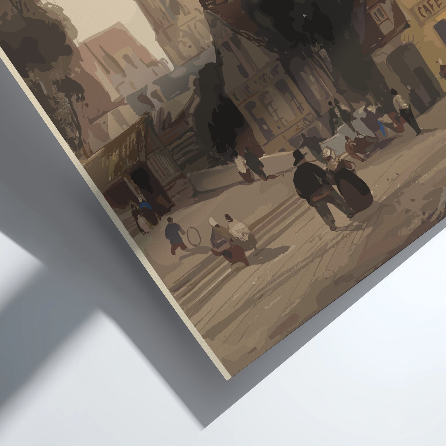 European village street scene poster with church spires and figures, in a muted, classic art style.