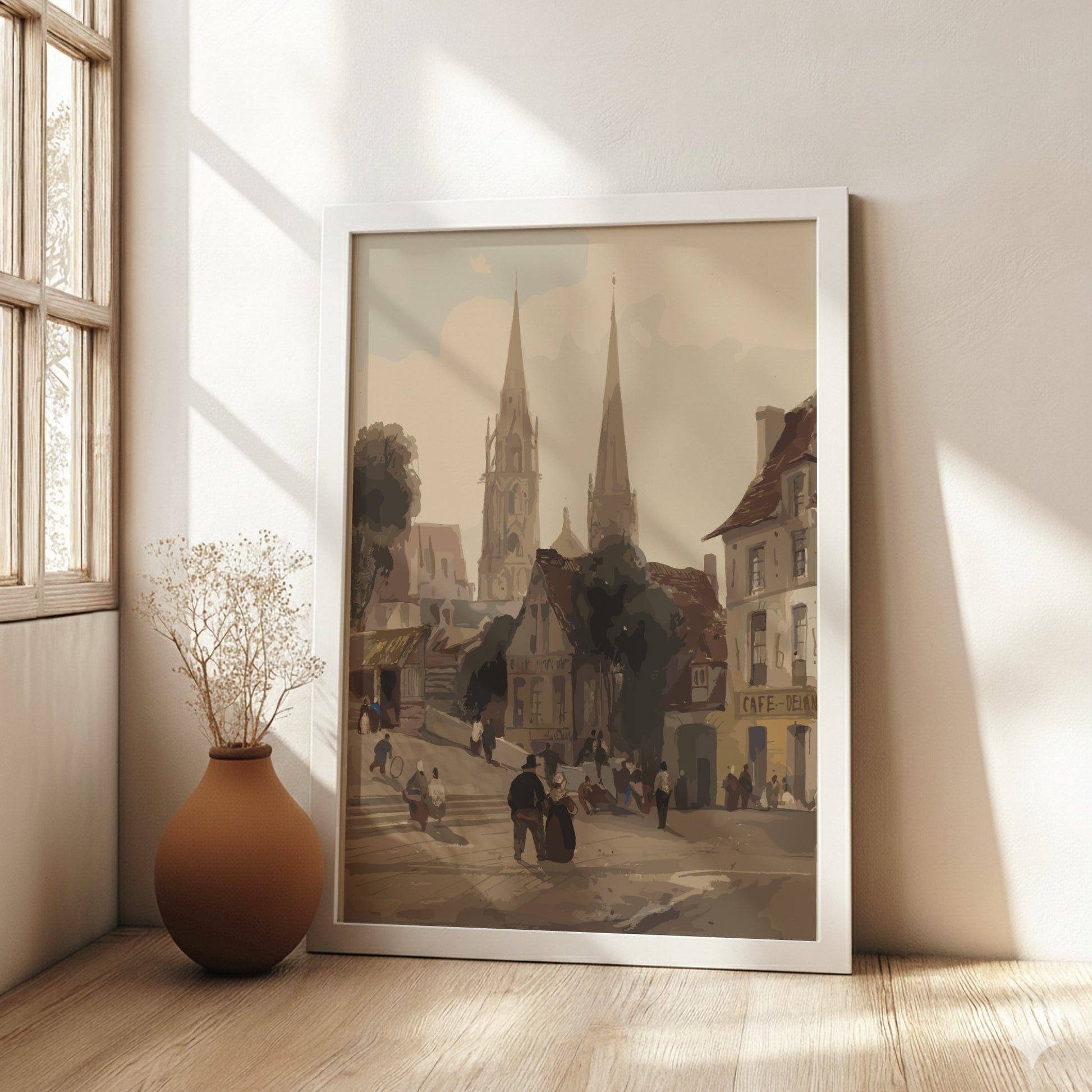 European village street scene poster with church spires and figures, in a muted, classic art style.
