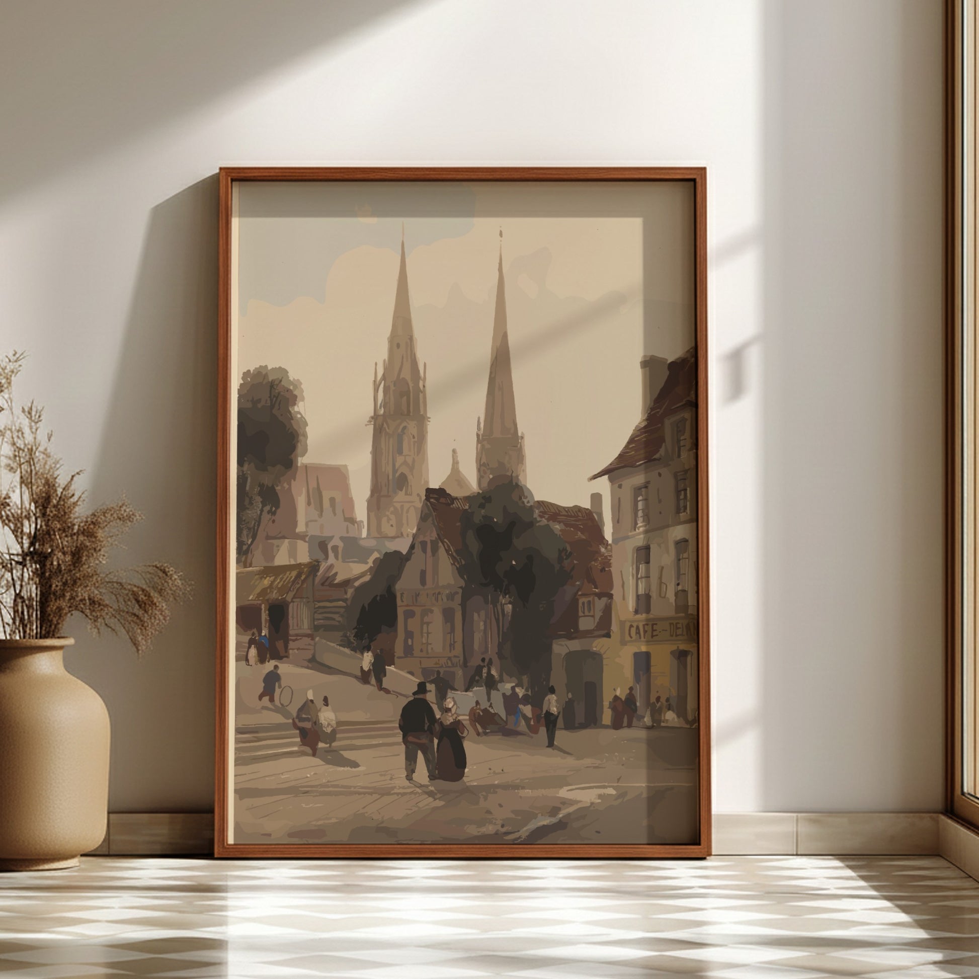 European village street scene poster with church spires and figures, in a muted, classic art style.