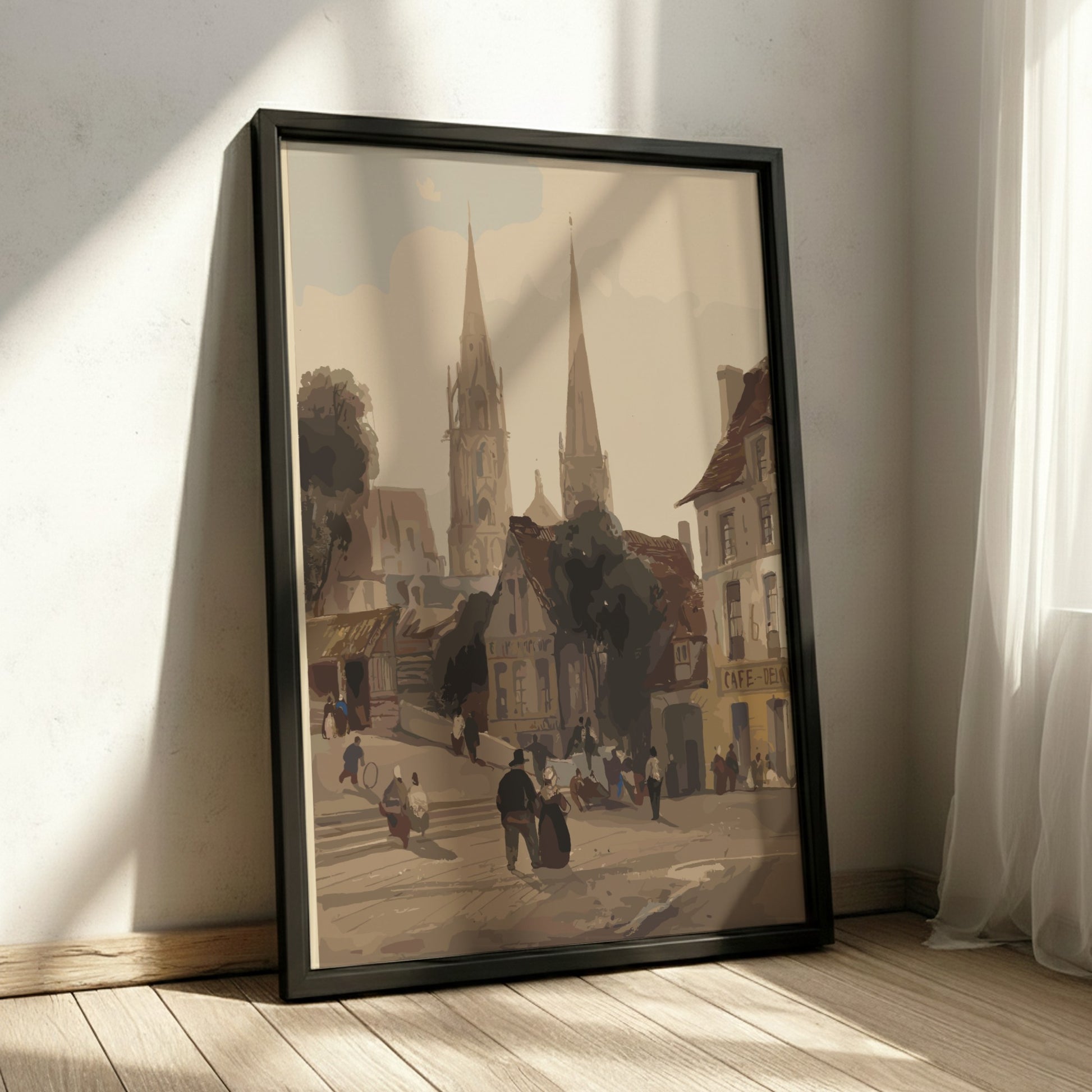 European village street scene poster with church spires and figures, in a muted, classic art style.