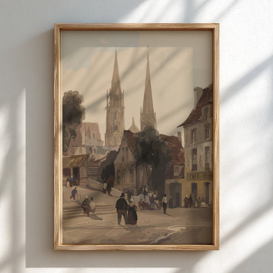 European village street scene poster with church spires and figures, in a muted, classic art style.