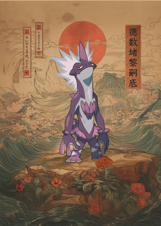 Toxtricity Pokemon on a stylized landscape with a red sun and Chinese text