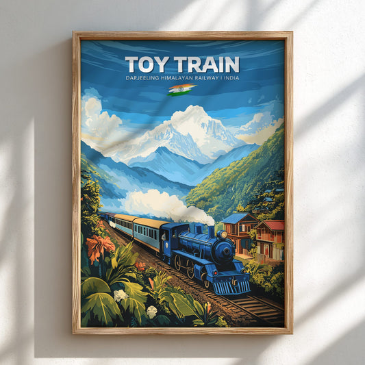 Framed poster of a toy train in a mountainous landscape with 'Toy Train' text and Indian flag.