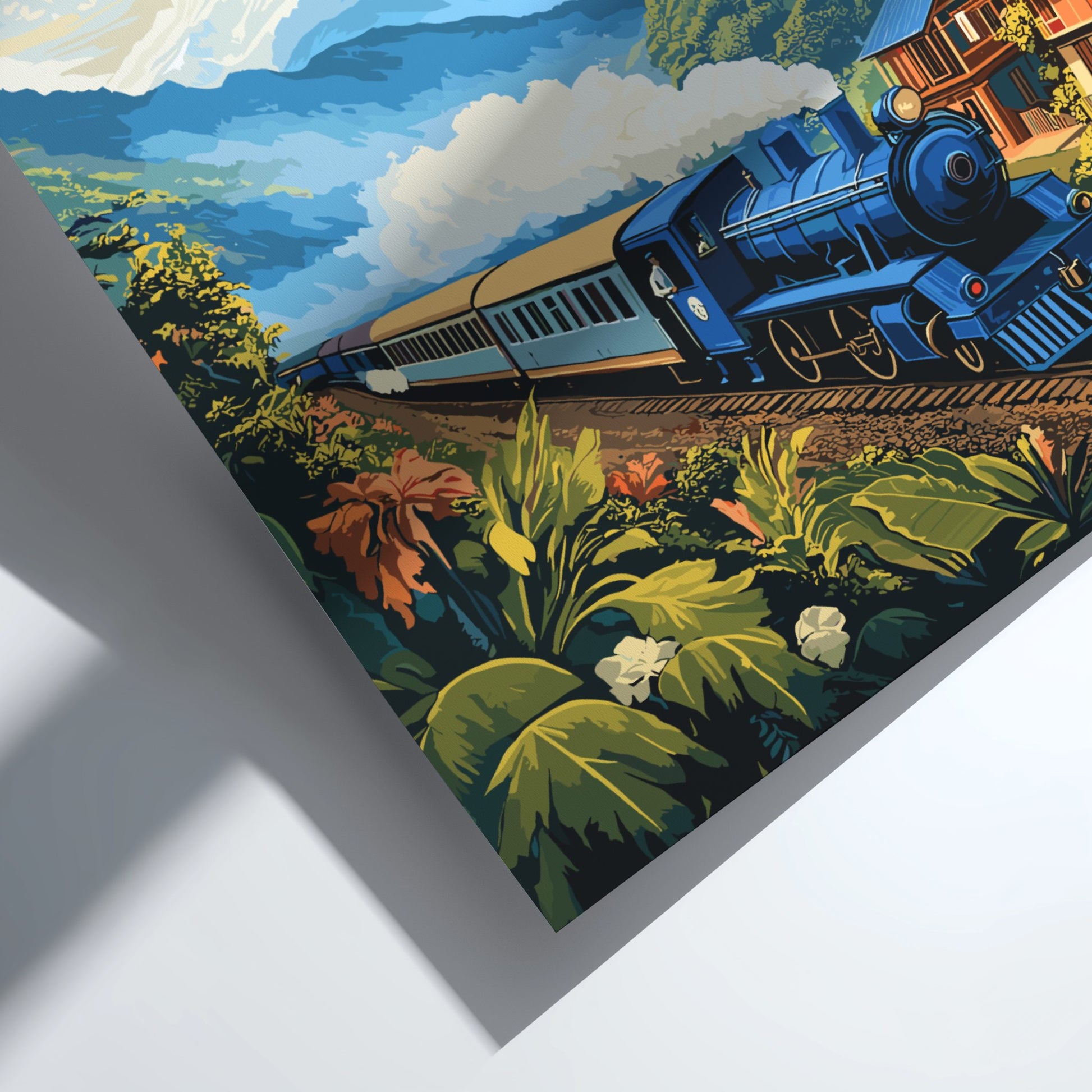 Colorful illustration of a blue train on tracks with a scenic background