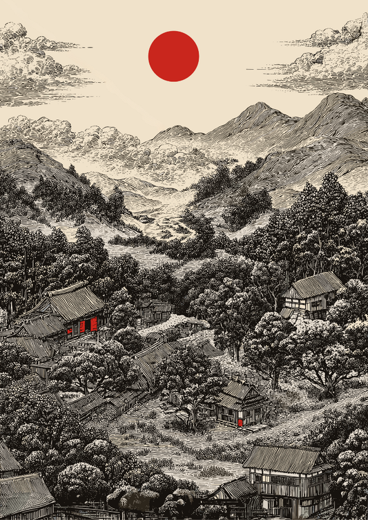 Traditional Japanese landscape with houses, trees, and a red sun in the sky.