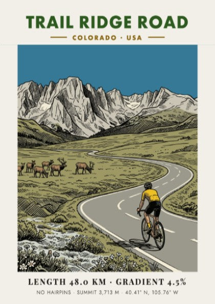 Poster of a cyclist on Trail Ridge Road with elk and mountains behind
