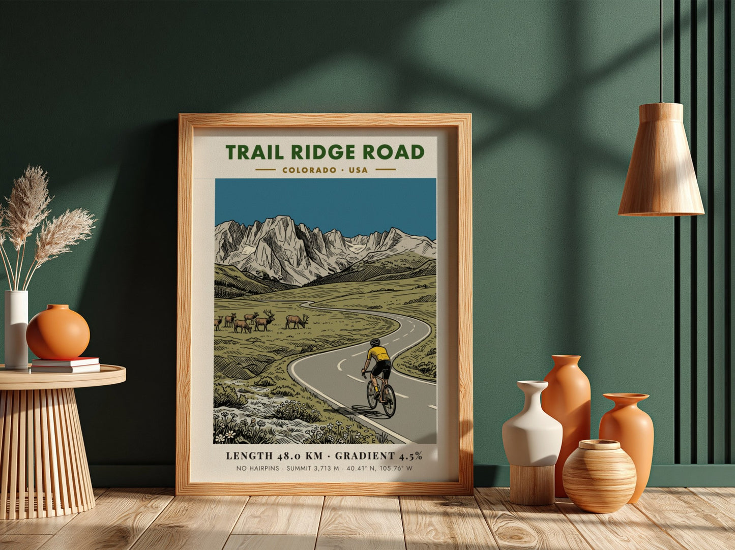 Poster of a cyclist on Trail Ridge Road with elk and mountains behind
