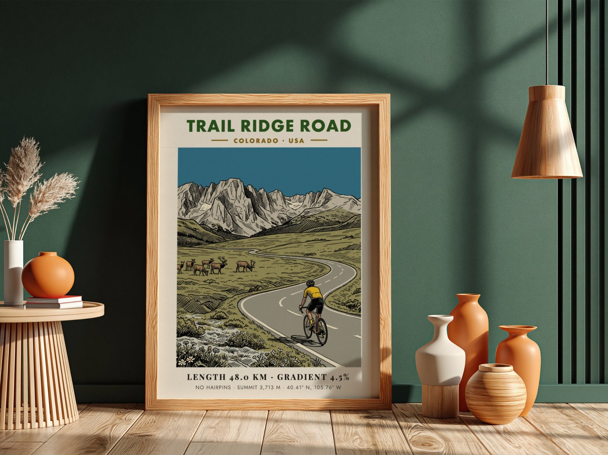 Poster of a cyclist on Trail Ridge Road with elk and mountains behind