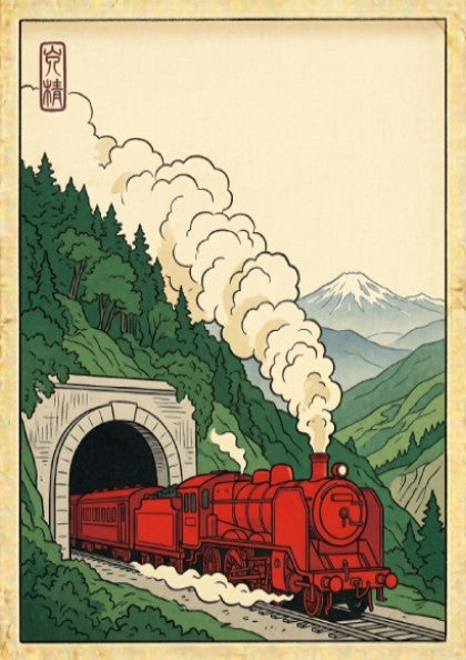 Japanese art style poster featuring a red train in a tunnel with green mountains and Mount Fuji