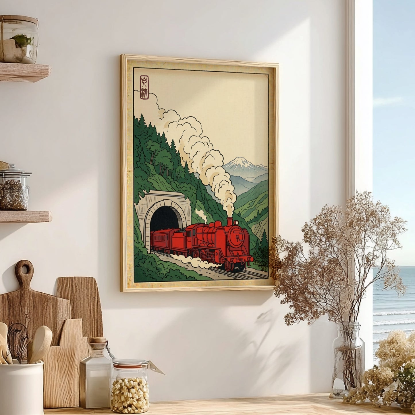 Japanese art style poster featuring a red train in a tunnel with green mountains and Mount Fuji
