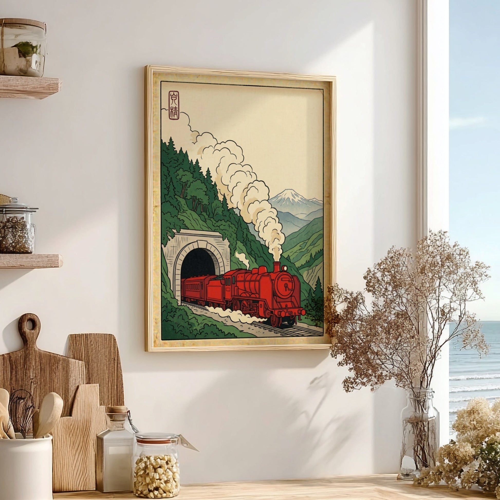Japanese art style poster featuring a red train in a tunnel with green mountains and Mount Fuji