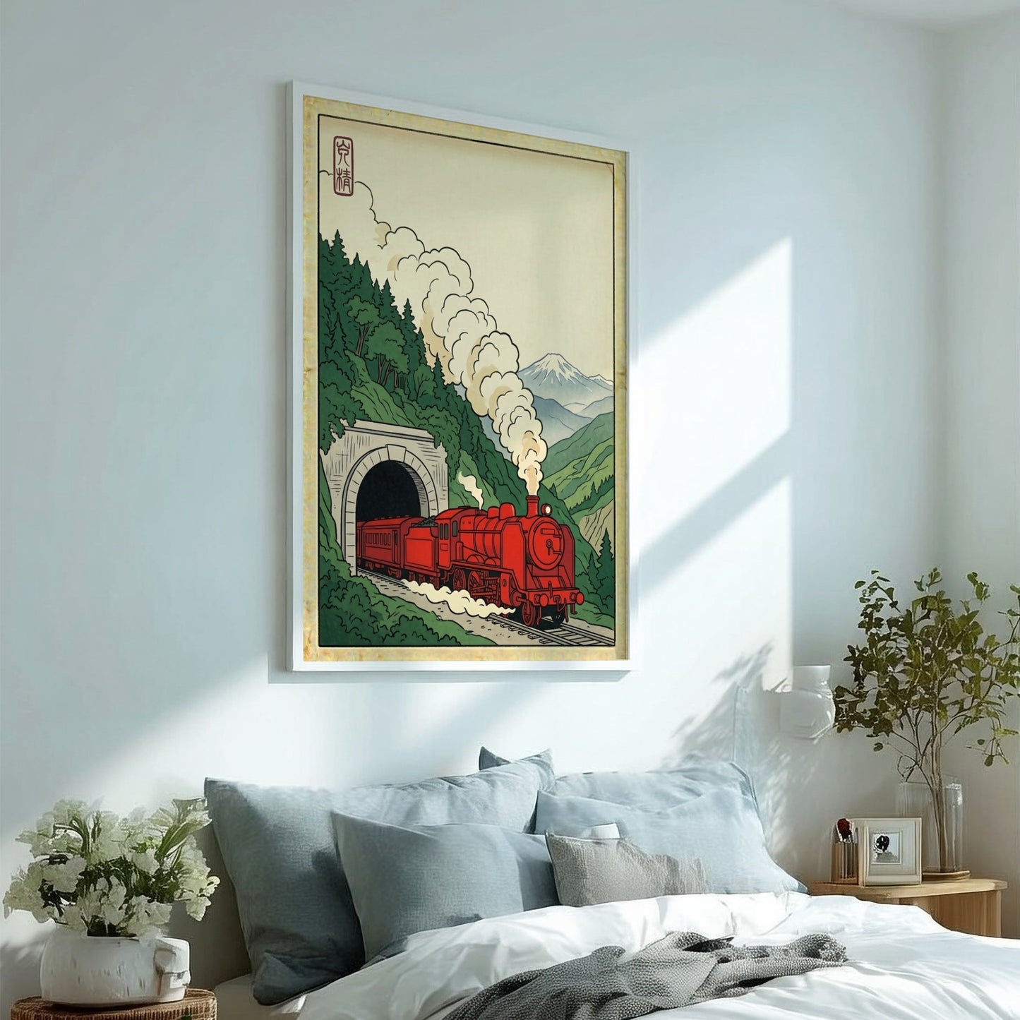 Japanese art style poster featuring a red train in a tunnel with green mountains and Mount Fuji