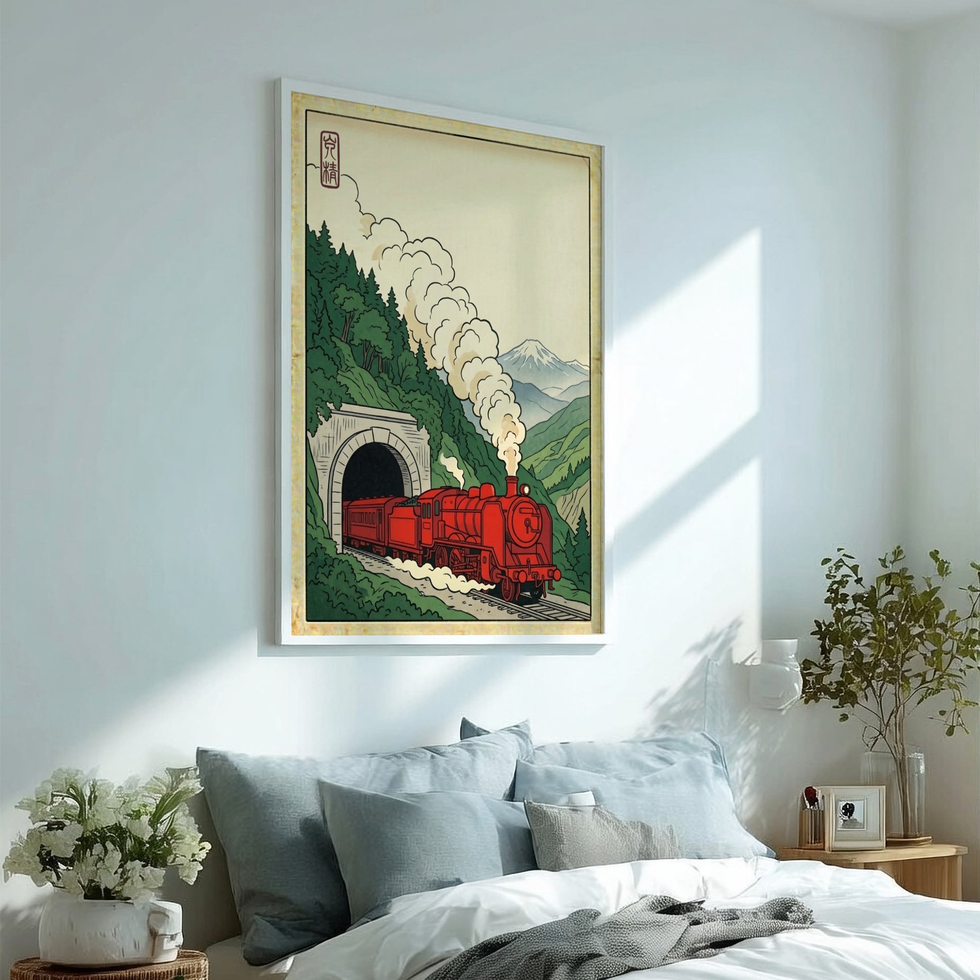 Japanese art style poster featuring a red train in a tunnel with green mountains and Mount Fuji