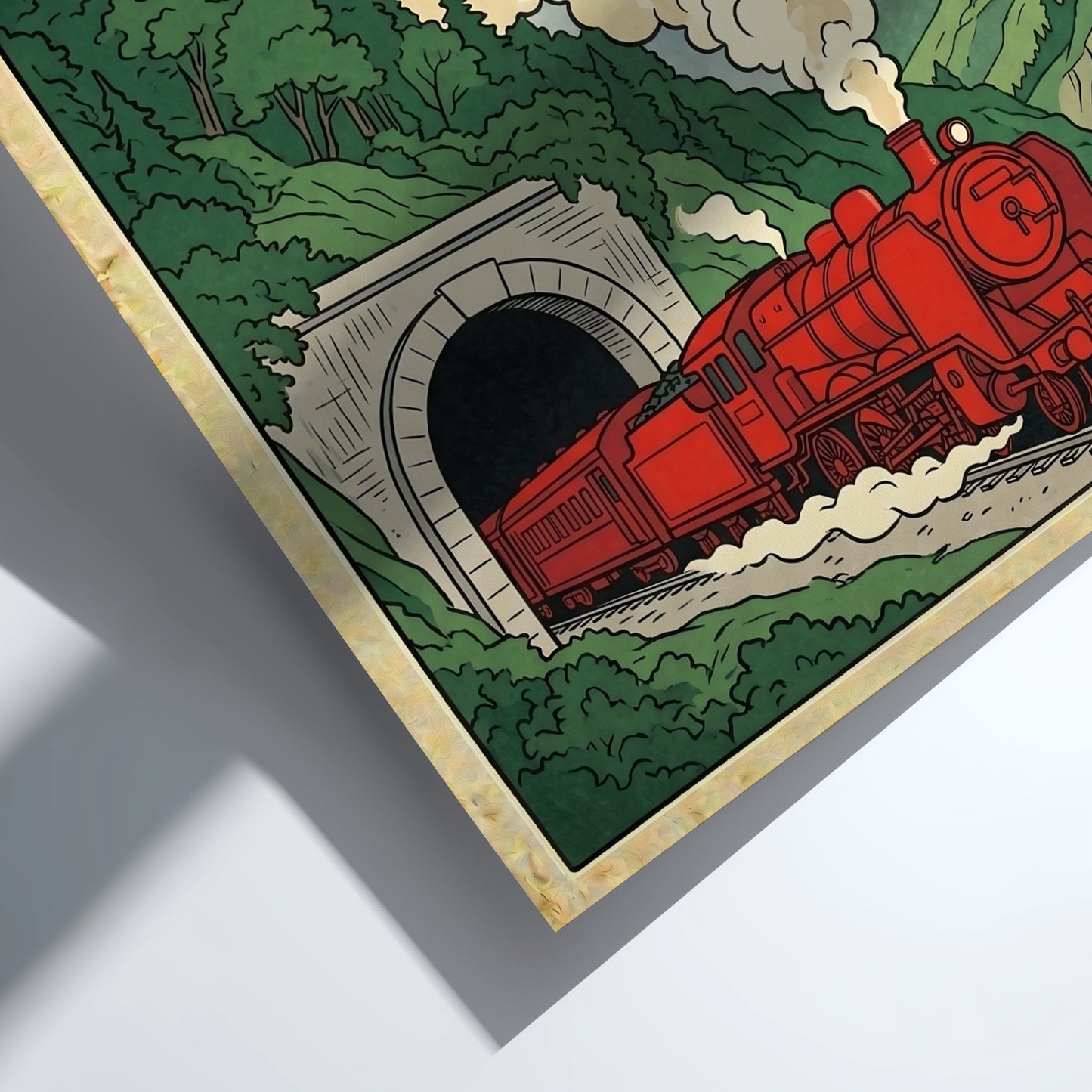 Japanese art style poster featuring a red train in a tunnel with green mountains and Mount Fuji