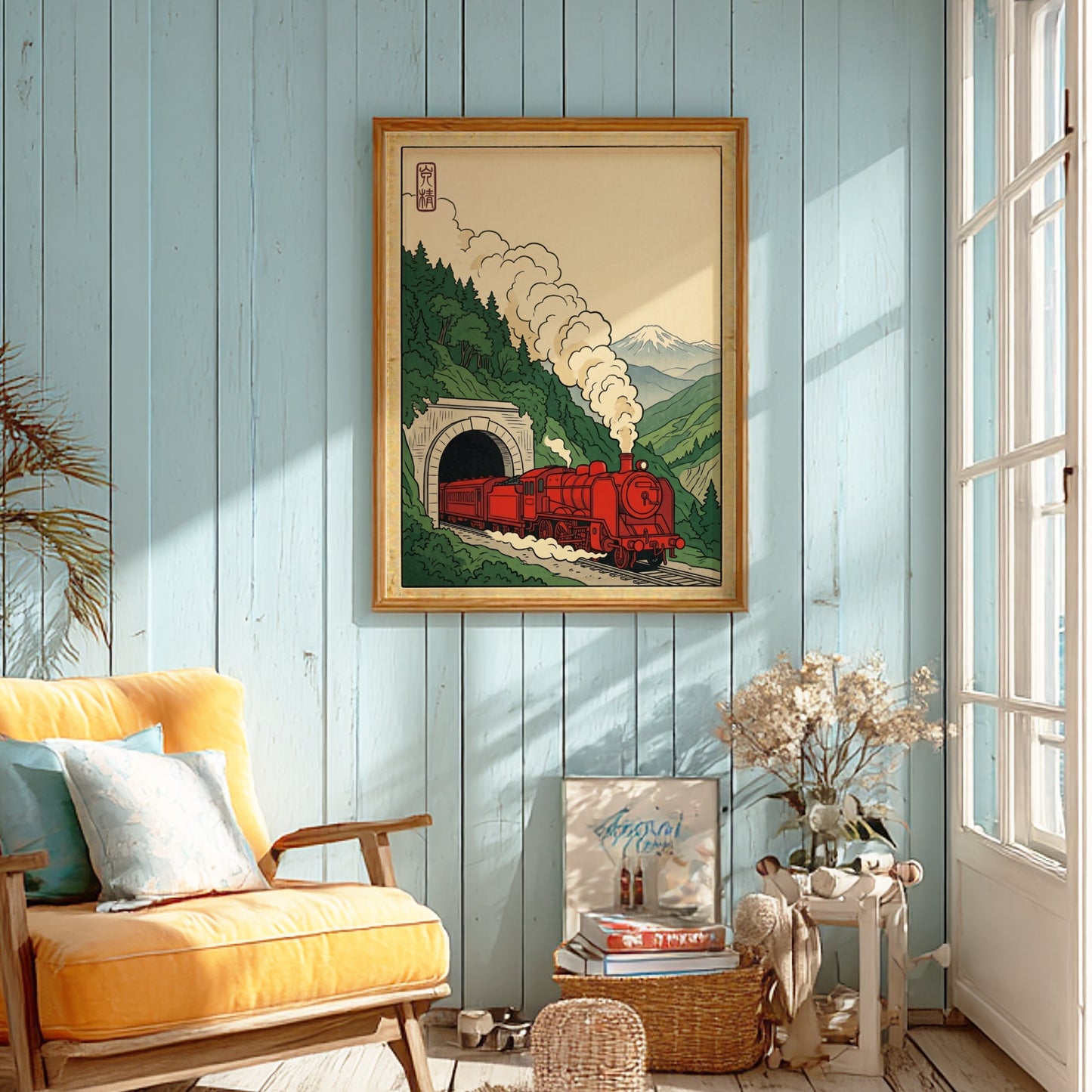 Japanese art style poster featuring a red train in a tunnel with green mountains and Mount Fuji