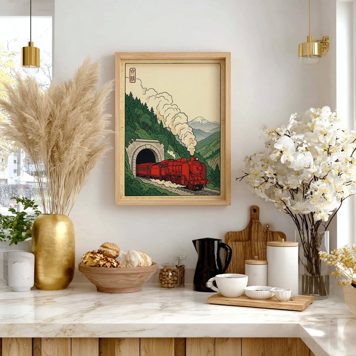Japanese art style poster featuring a red train in a tunnel with green mountains and Mount Fuji