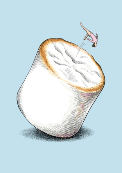 Poster featuring a gymnast performing a flip off a giant white fluffy marshmallow