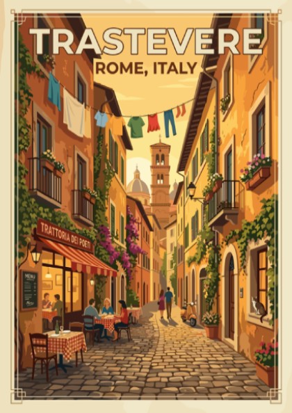 Travel poster of Trastevere, Rome featuring vintage style and warm colors