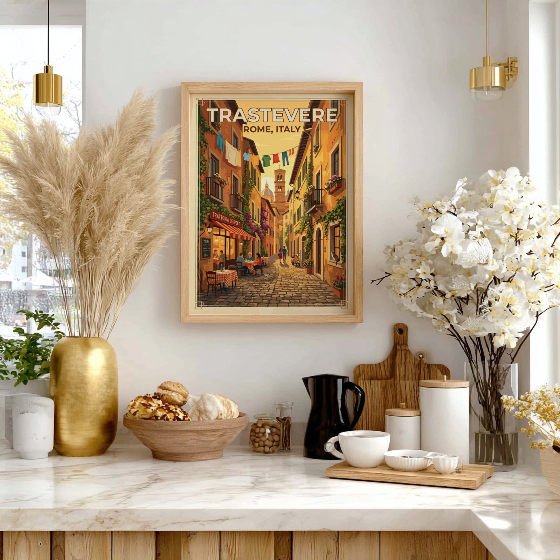 Travel poster of Trastevere, Rome featuring vintage style and warm colors