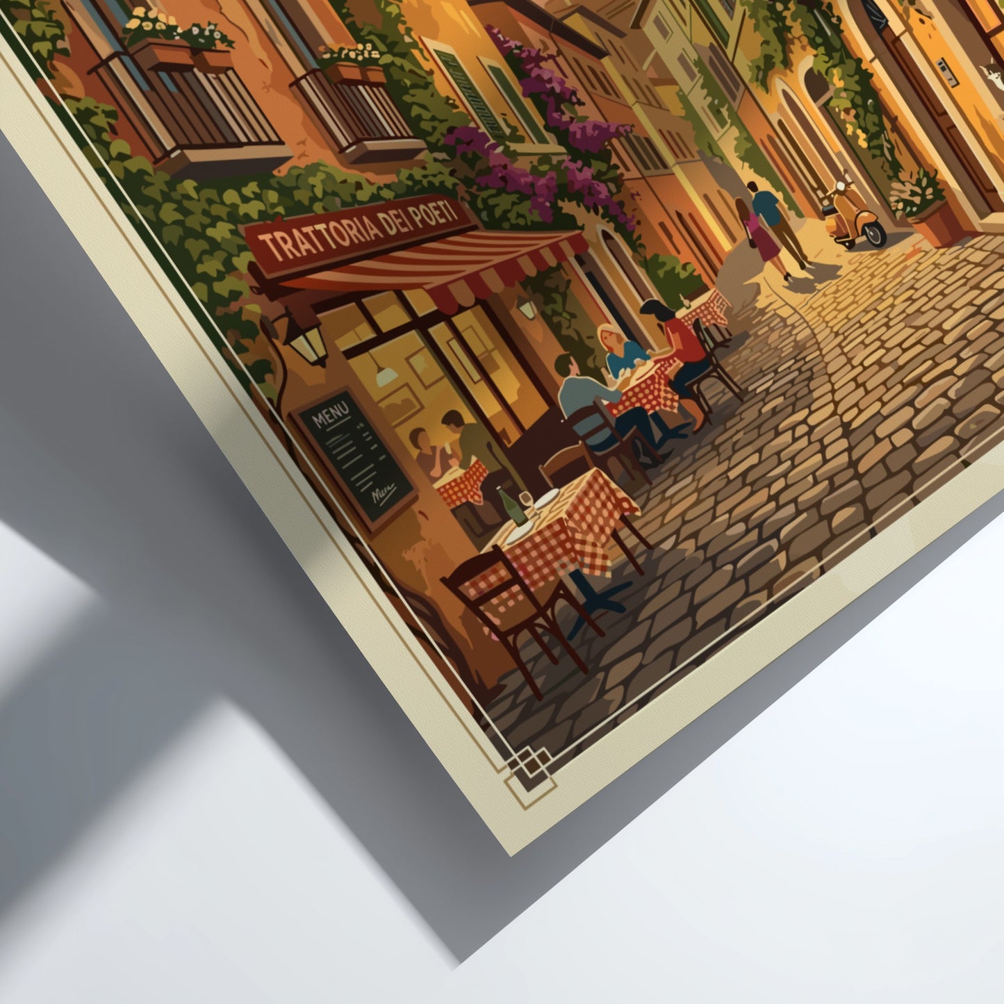 Travel poster of Trastevere, Rome featuring vintage style and warm colors